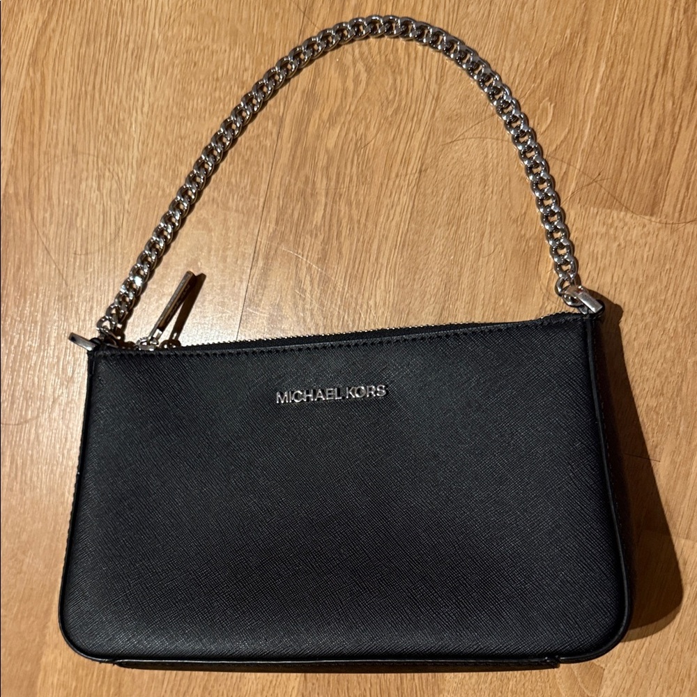 Michael Kors Black Saffiano Wristlet with Silver Chain